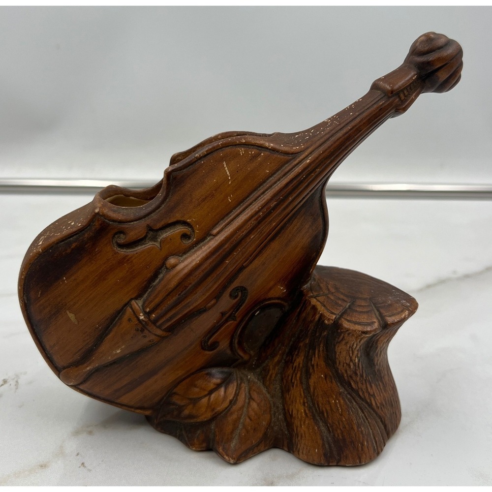 VTG Treasure Craft Violin Cello Tree Stump Planter Wood Look Ceramic USA